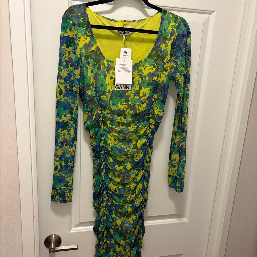 Ganni Vibrant Blue and Yellow Long Sleeve Dress